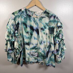 Marie Oliver Ferne Silk Blend Blouse Top Size Large Watercolor Ruffle